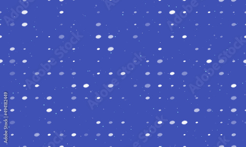 Seamless background pattern of evenly spaced white explosion symbols of different sizes and opacity. Vector illustration on indigo background with stars