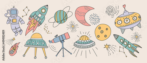 Space and cosmo elements collection. Hand drawn colorful doodles.