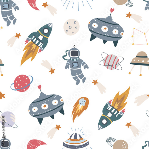 Seamless pattern made with cosmo and space elements. Hand drawn colorful doodles.