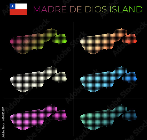 Madre de Dios Island dotted map set. Map of Madre de Dios Island in a dotted style. Borders of the island filled with beautiful smooth gradient circles. Radiant vector illustration.
