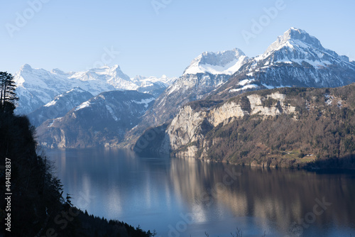 Fototapeta Naklejka Na Ścianę i Meble -  Rütli is synonymous, for all Swiss people, with the founding history of Switzerland. On August 1, 1291, now celebrated as Swiss National Holiday, the three original cantons, Uri, Schwyz, Unterwalden