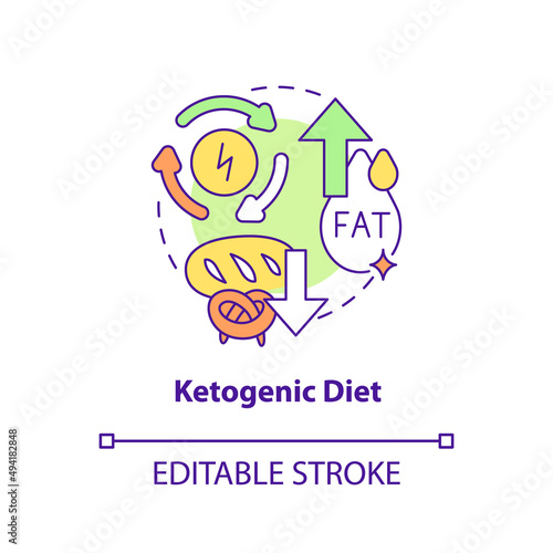 Ketogenic diet concept icon. High fats and low carbs nutrition. Trendy diets abstract idea thin line illustration. Isolated outline drawing. Editable stroke. Arial, Myriad Pro-Bold fonts used