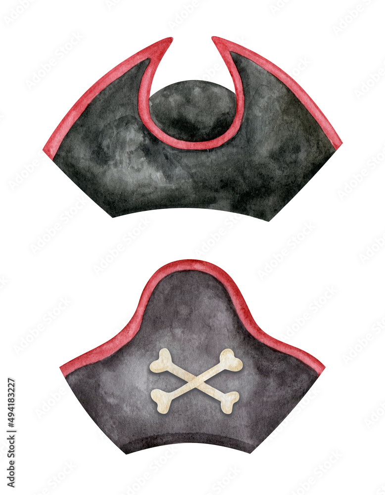 Pirate hats cartoon illustration. Watercolor sailor hat clipart ...