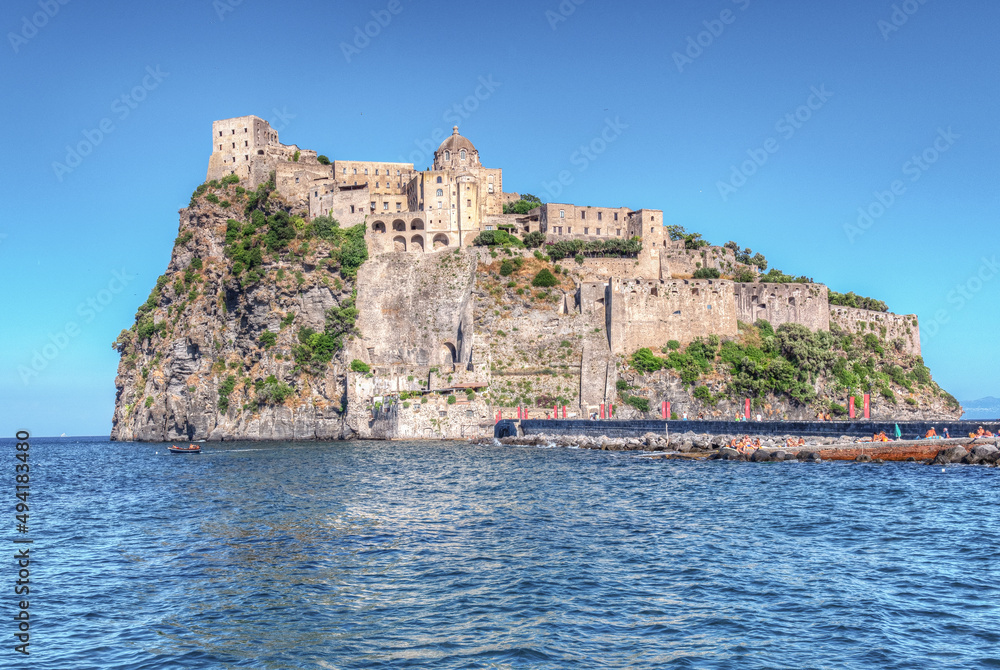 Naples, Ischia, Italy - July  05 2021: the Aragonese castle, an imposing fortress on the island of Ischia