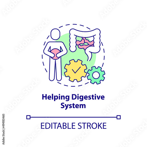 Helping digestive system concept icon. Improve digestion. Healthy diet advantages abstract idea thin line illustration. Isolated outline drawing. Editable stroke. Arial  Myriad Pro-Bold fonts used