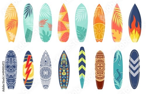 Obraz na płótnie Cartoon surfing board with summer design and ethnic pattern