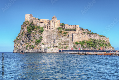 Naples, Ischia, Italy - July 05 2021: the Aragonese castle, an imposing fortress on the island of Ischia