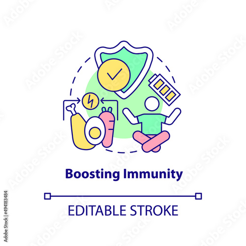 Boosting immunity concept icon. Strengthen immune system. Healthy diet advantages abstract idea thin line illustration. Isolated outline drawing. Editable stroke. Arial, Myriad Pro-Bold fonts used