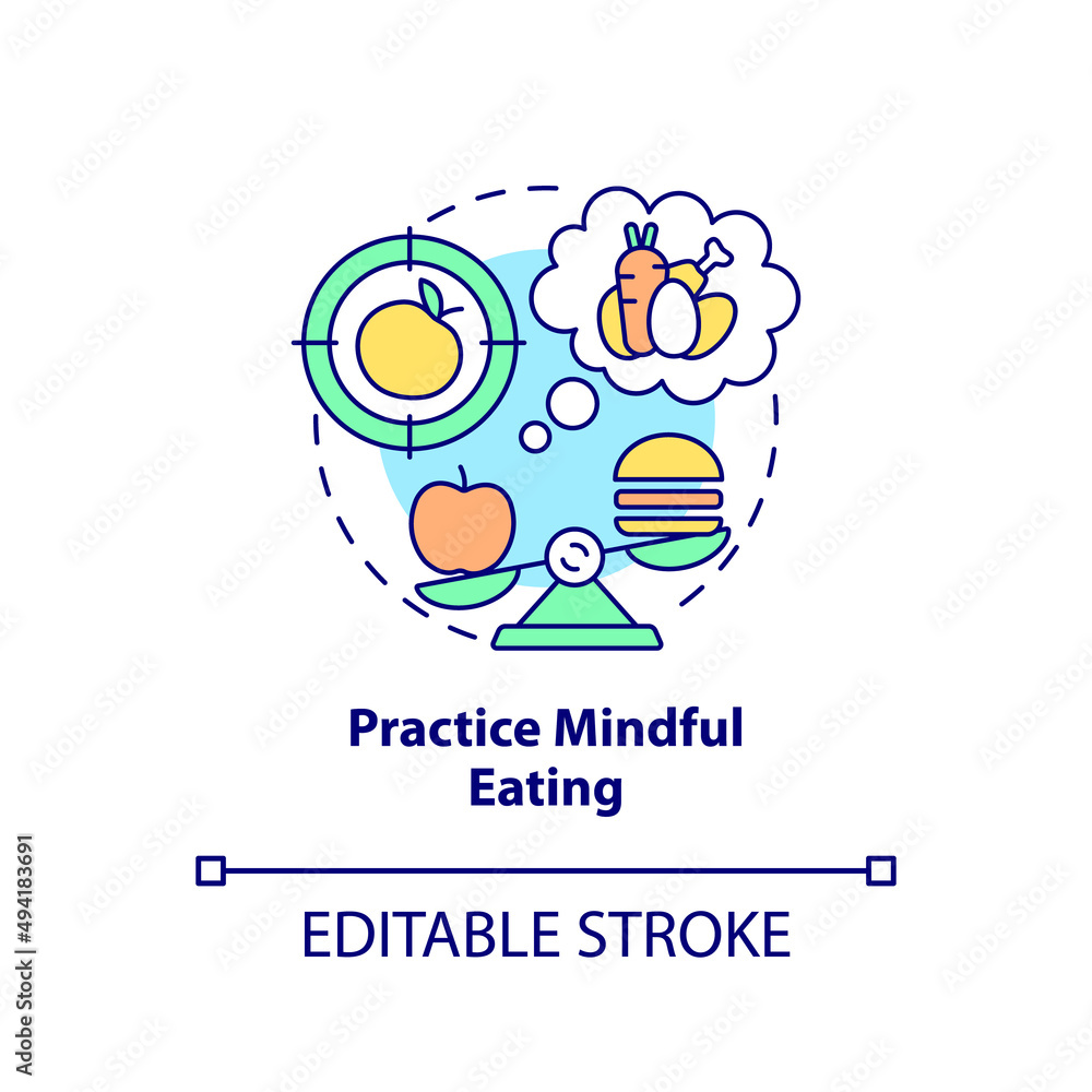 Practice mindful eating concept icon. Maintaining weight after low carb diet abstract idea thin line illustration. Isolated outline drawing. Editable stroke. Arial, Myriad Pro-Bold fonts used Practice mindful eating concept icon. Maintaining weight after low carb diet abstract idea thin line illustration. Isolated outline drawing. Editable stroke. Arial, Myriad Pro-Bold fonts used