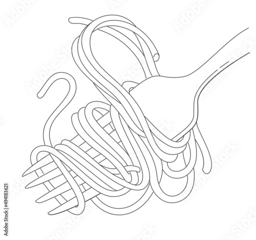 Fork with rolled spaghetti, vector illustration, black linear illustration on white background.