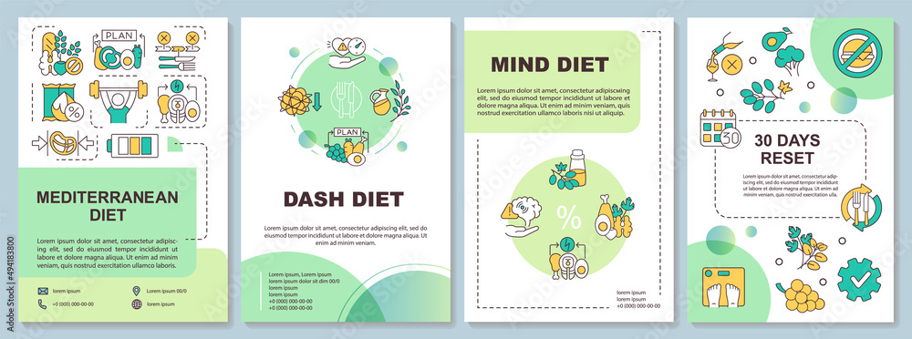 Plakat Popular and trendy diets green brochure template. Healthy nutrition. Leaflet design with linear icons. 4 vector layouts for presentation, annual reports. Arial-Bold, Myriad Pro-Regular fonts used