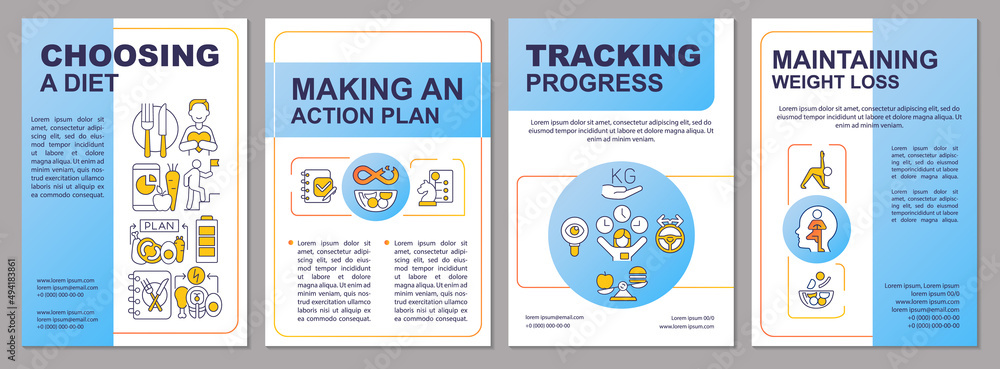 Dieting blue brochure template. Healthy nutrition plan. Weight loss. Leaflet design with linear icons. 4 vector layouts for presentation, annual reports. Arial, Myriad Pro-Regular fonts used