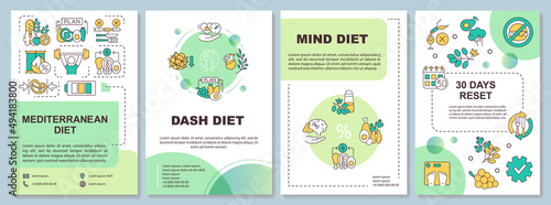 Popular and trendy diets green brochure template. Healthy nutrition. Leaflet design with linear icons. 4 vector layouts for presentation, annual reports. Arial-Bold, Myriad Pro-Regular fonts used