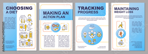 Dieting blue brochure template. Healthy nutrition plan. Weight loss. Leaflet design with linear icons. 4 vector layouts for presentation, annual reports. Arial, Myriad Pro-Regular fonts used