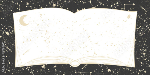 An open book with the moon against a black sky with stars. Vector illustration of the universe with place for text for astrology, tarot, horoscope. Mystical heavenly boho background.