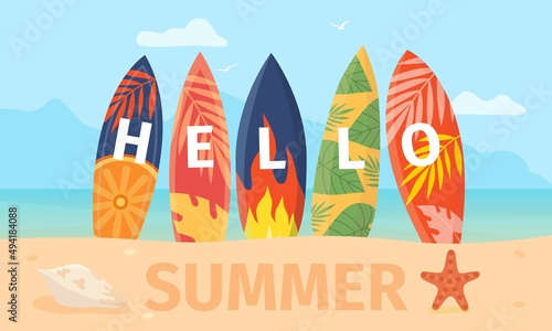 Cartoon hello summer poster with surfboard on sea beach. Tropical island landscape with swimming board on sand. Surf vacation vector concept