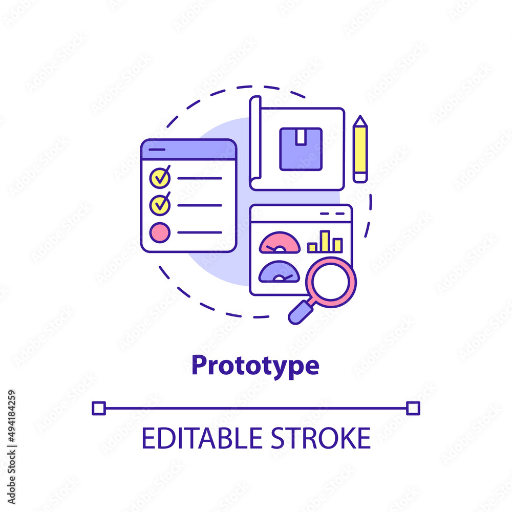 Prototype concept icon. Experimental product version. Design thinking process abstract idea thin line illustration. Isolated outline drawing. Editable stroke. Arial, Myriad Pro-Bold fonts used