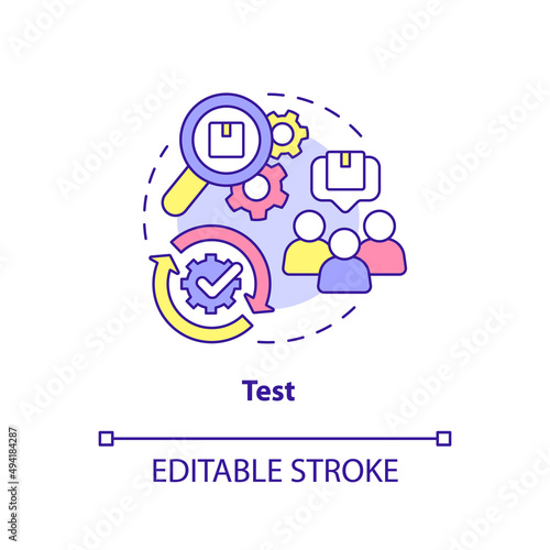 Test concept icon. Search product in work. Design thinking process abstract idea thin line illustration. Isolated outline drawing. Editable stroke. Arial, Myriad Pro-Bold fonts used