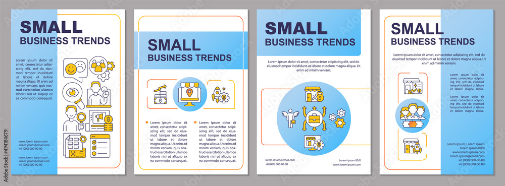 Small business innovations blue brochure template. Companies work. Leaflet design with linear icons. 4 vector layouts for presentation, annual reports. Arial, Myriad Pro-Regular fonts used