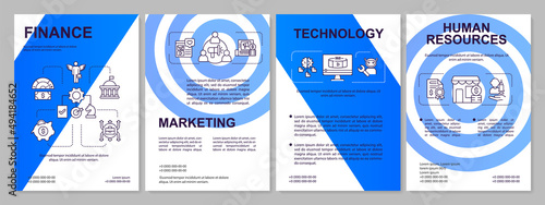 Business development blue brochure template. Corporate innovations. Leaflet design with linear icons. 4 vector layouts for presentation, annual reports. Arial, Myriad Pro-Regular fonts used