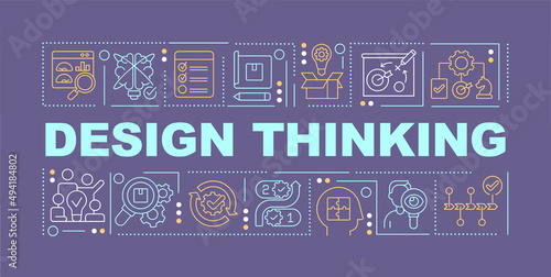 Design thinking for business word concepts purple banner. Creating products. Infographics with icons on color background. Isolated typography. Vector illustration with text. Arial-Black font used