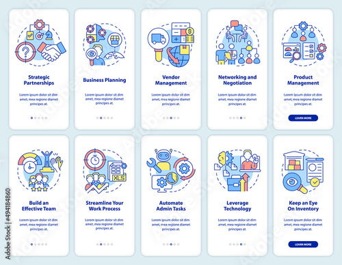 Business development onboarding mobile app screen set. Corporate growth walkthrough 5 steps graphic instructions pages with linear concepts. UI, UX, GUI template. Myriad Pro-Bold, Regular fonts used