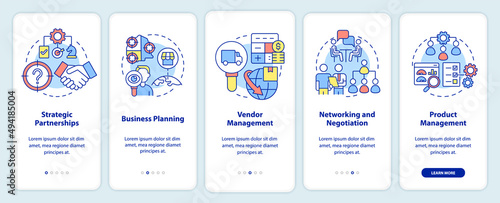 Business development ways onboarding mobile app screen. Processes walkthrough 5 steps graphic instructions pages with linear concepts. UI, UX, GUI template. Myriad Pro-Bold, Regular fonts used