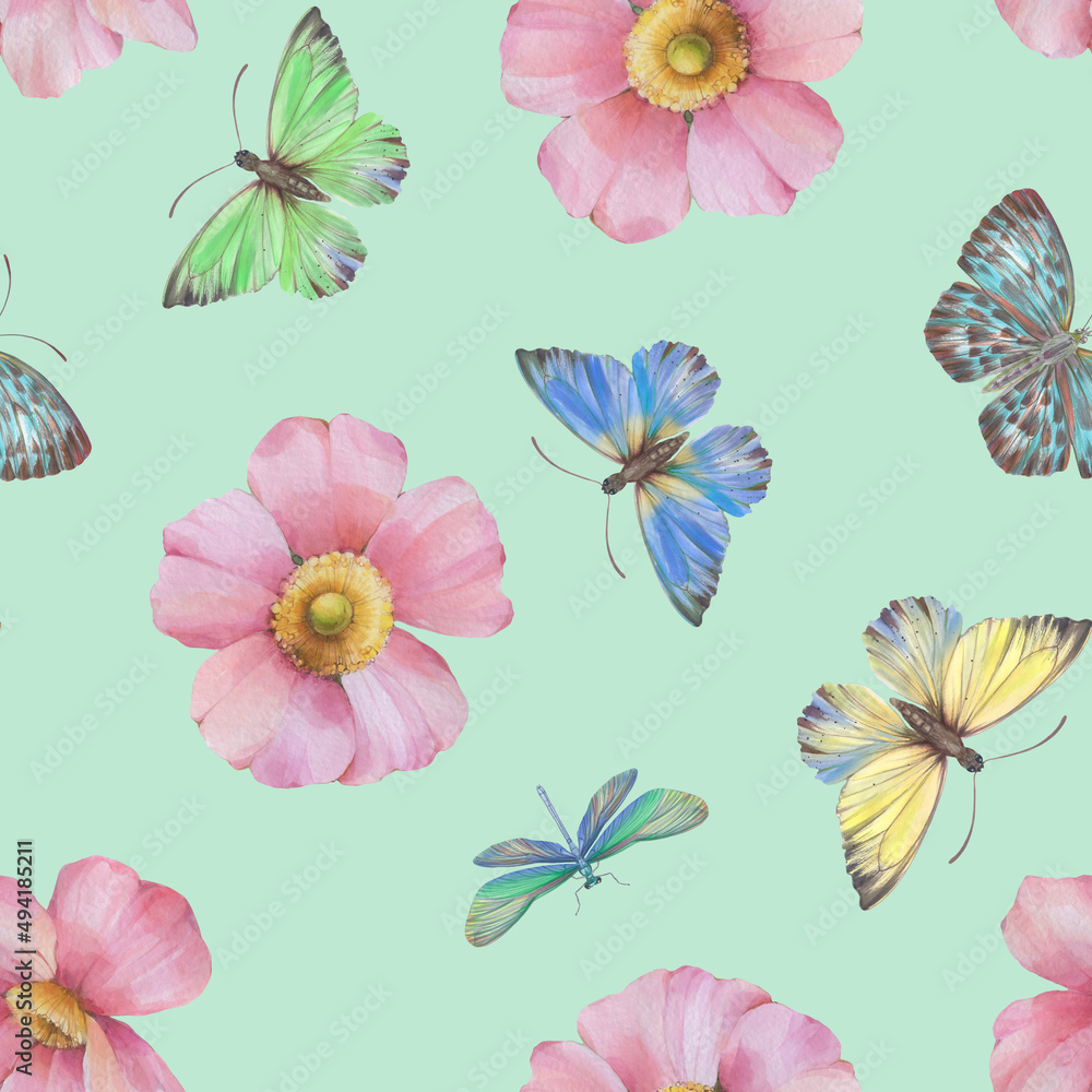 Seamless ornament for wrapping paper, design, print. Abstract Delicate flowers and butterflies are painted with watercolors, digitally processed. Botanical pattern on an abstract background.