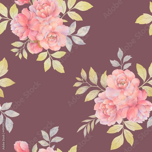 Seamless botanical ornament. Watercolor peony flowers collected in a seamless pattern. Elegant bouquet of peony flowers with leaves on a delicate background.