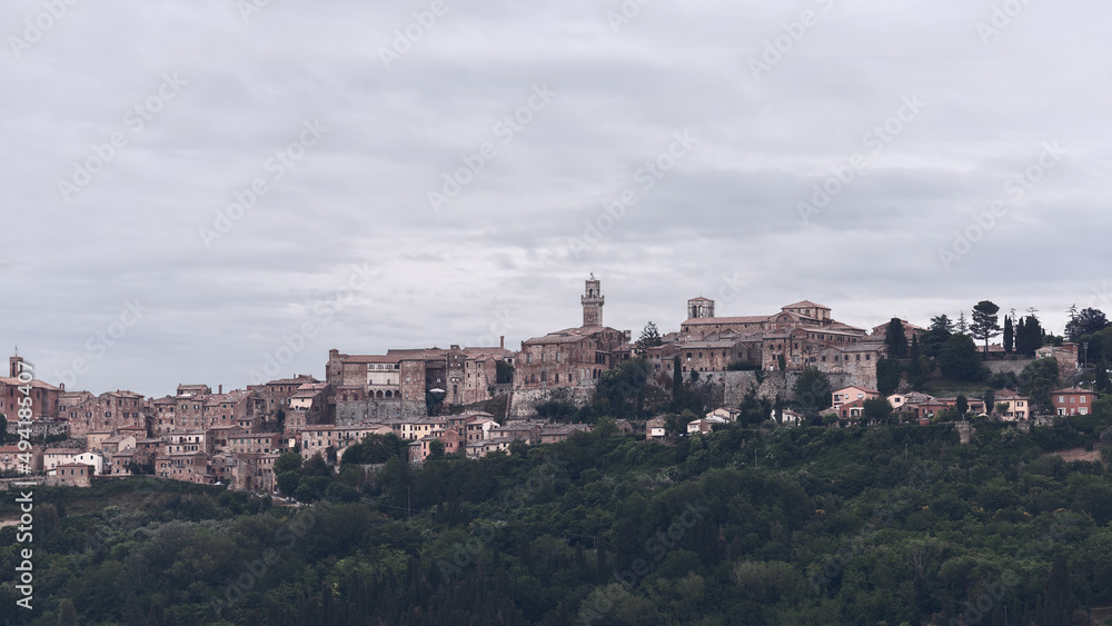 Panoramic view to the western side of historic Montepulciano town on the hill, Siena, Italy