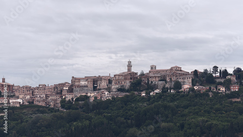 Panoramic view to the western side of historic Montepulciano town on the hill, Siena, Italy