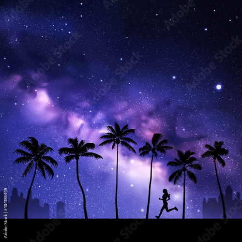 Girl running in park. Female runner at night. Milky Way at starry sky