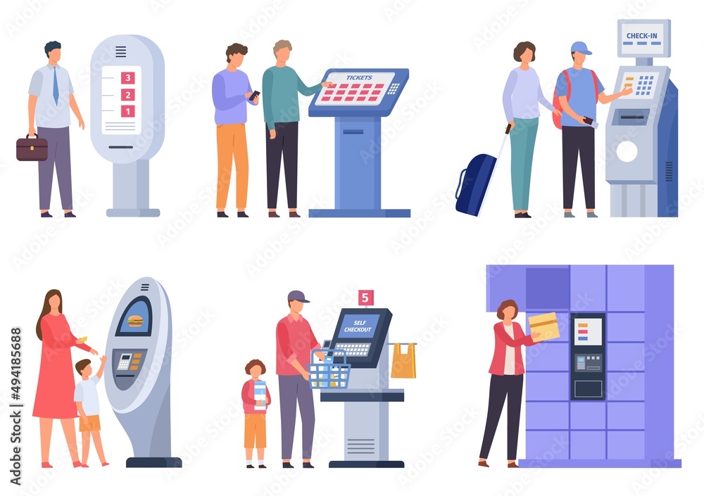 People using self ordering kiosk, info boards and checkout. Flat characters order food, tickets and get post at terminal stand vector set People using self ordering kiosk, info boards and checkout. Flat characters order food, tickets and get post at terminal stand vector set