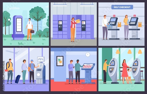 People use self service terminal to buy tickets at airport and cinema. Park information stand, cafe order kiosk and shop checkout vector set