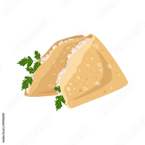 Pancake, delicious homemade pastry with cottage cheese and parsley for breakfast, Maslenitsa, carnival or holiday. Vector flat food illustration