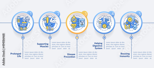 Diet advantages circle infographic template. Healthy nutrition Data visualization with 5 steps. Process timeline info chart. Workflow layout with line icons. Lato-Bold, Regular fonts used