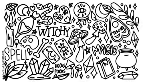Hand drawing Vector Doodle set of Magic Crafts. Witchy objects: mushrooms, crystals, herb, snakes and ect. Magic lettering. Use for poster, card, design, print, pattern, fabric, packaging, textile