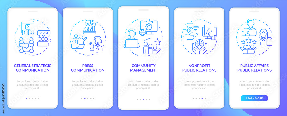 Types of PR firms blue gradient onboarding mobile app screen. Walkthrough 5 steps graphic instructions pages with linear concepts. UI, UX, GUI template. Myriad Pro-Bold, Regular fonts used