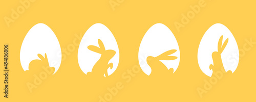 Vector Happy Easter bunny inside egg. Egg hunt concept design. 