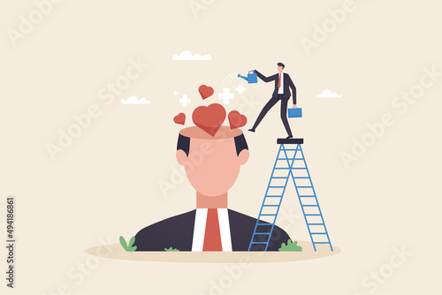 Passion for Motivation to Work for Success. Be optimistic or increase your attitude to work that you love to do. Businessman watering hearts on big heads.