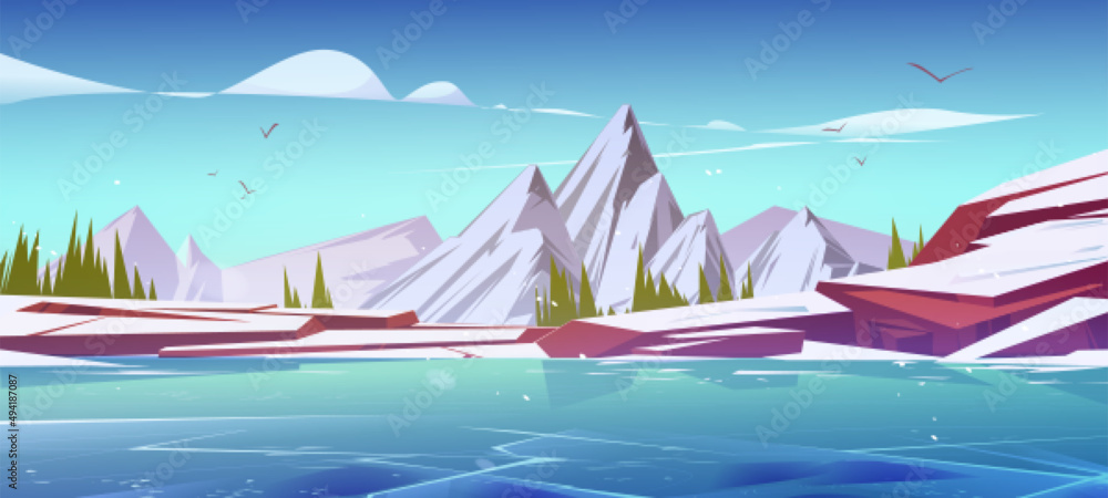 Winter mountains scenery landscape, nature background with rocks covered  with snow, conifers and frozen pond. Resort, wild park or garden with icy  peaks under blue sky, Cartoon vector illustration Stock Vector |
