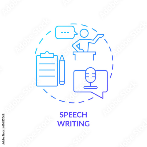 Speech writing blue gradient concept icon. Materials for public performance prepare. PR firm service abstract idea thin line illustration. Isolated outline drawing. Myriad Pro-Bold font used
