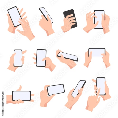 Cartoon female or male hands hold smartphones with empty screens. Phone concept for mobile apps, video, social network and games vector set