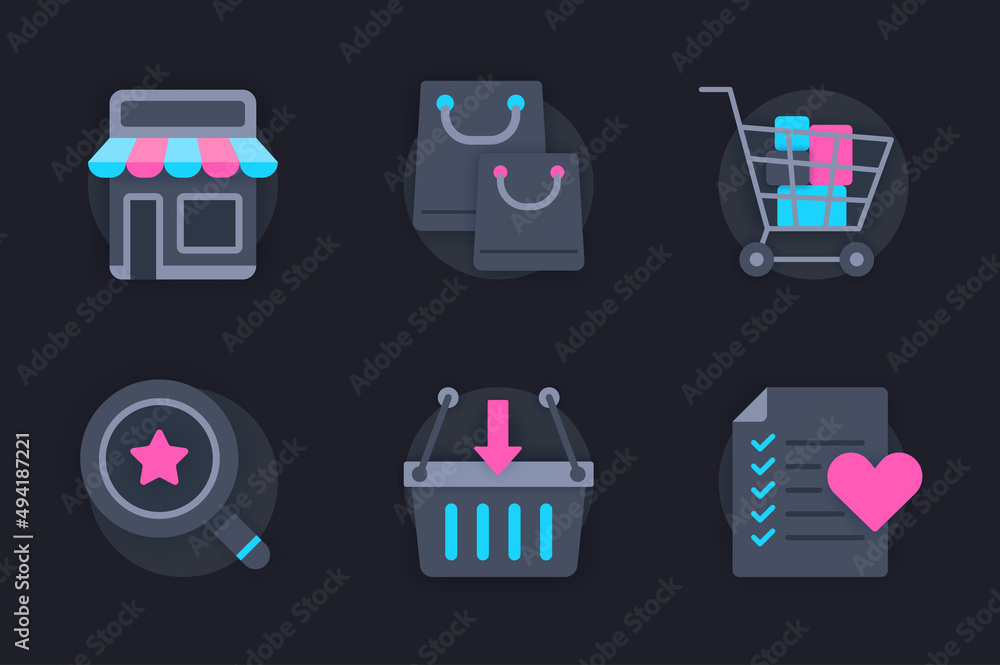 Shopping web concept of 3d paper icons set. Pack flat pictograms of making purchases, choosing goods from wish list, shopping in stores or supermarkets. Vector elements for website in dark style Shopping web concept of 3d paper icons set. Pack flat pictograms of making purchases, choosing goods from wish list, shopping in stores or supermarkets. Vector elements for website in dark style