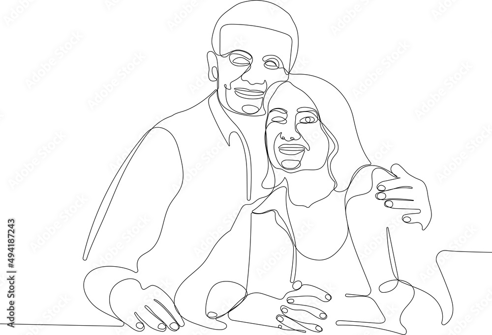 Continuous one line drawing of senior couple. Elderly people hug together. Old people in love. Man and woman on the path of life. Caring for each other. Vector illustration, freehand drawing