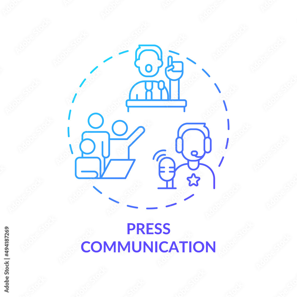 Press communication blue gradient concept icon. Focus on media outreach. Types of PR firms abstract idea thin line illustration. Isolated outline drawing. Myriad Pro-Bold font used