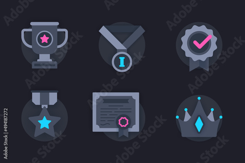 Award web concept of 3d paper icons set. Pack flat pictograms of awarding winners with cups, medals, reward badges and victory stars, diplomas and crown. Vector elements for website in dark style