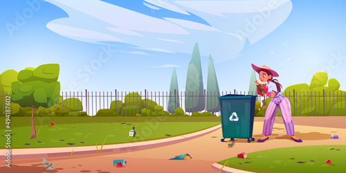 Volunteer clean up city park, girl collect garbage in public garden and put to recycling container. Polluted urban area with wastes lying on ground, pathway and green lawn, Cartoon vector illustration