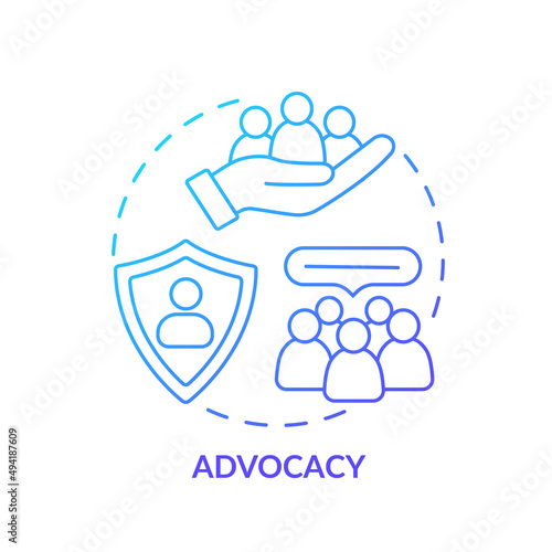 Advocacy blue gradient concept icon. Public communication. Serving public interest. PR code of ethics abstract idea thin line illustration. Isolated outline drawing. Myriad Pro-Bold font used