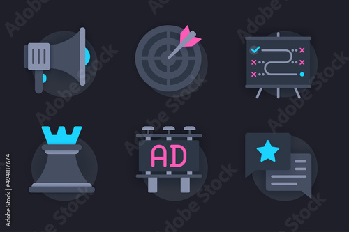 Marketing web concept of 3d paper icons set. Pack flat pictograms of online business promotion, success strategy, goal achievement and targeting, advertising. Vector elements for website in dark style